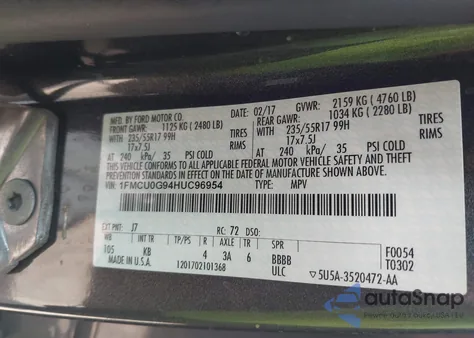 2017 Ford Escape Se z USA, uszkodzony, nr VIN 1FMCU0G94HUC96954